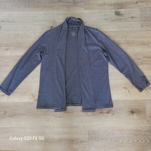 LL Bean Supima Cotton Cardigan Womens Small Open Front Navy Blue White Stripe
